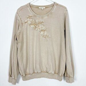 Solitaire Sweatshirt Women's Size XL Khaki Floral Embroidered Grannycore Boho